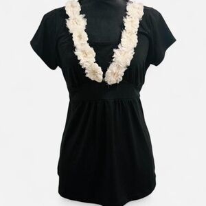 New Directions Black Rosette Trim V-Neck Tie-Back Blouse Y2K Size Petite Large